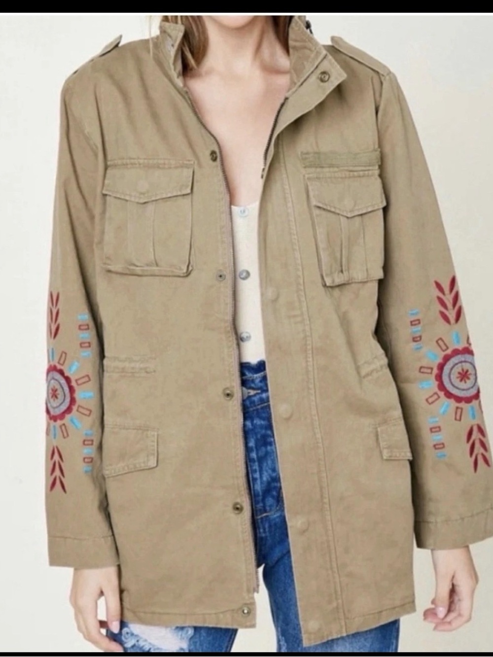 Hayden LA Sophie embroidered tribal cargo jacket in olive green